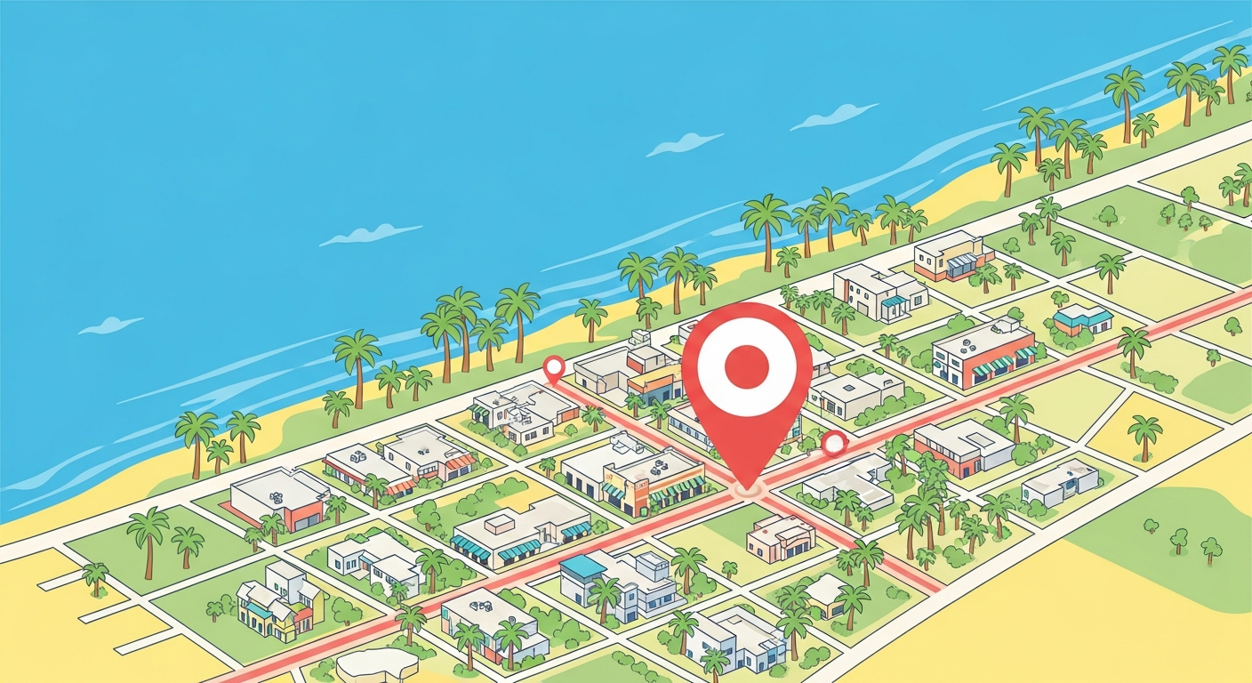 AI_IMAGE: A clean, modern illustrated map view of a sunny Florida coastal town with palm trees, blue ocean, and a pin marker indicating a store location on a boulevard. Bright pastel colors with teal and coral accents, flat design style with clean lines and a warm summer atmosphere. Bird's eye perspective, stylized cartography feel. | flat-design | landscape